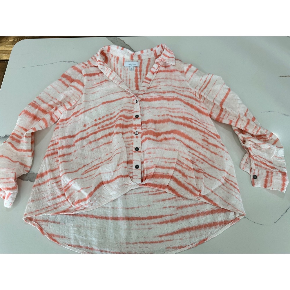 New Directions Womens Small Tie Dye Stripe Twist Front High Low Button Up Blouse